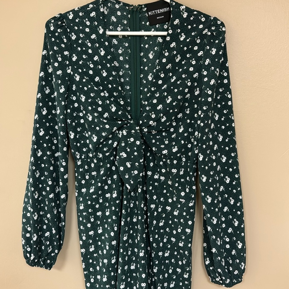 Kittenish midi dress with mid thigh split, dark green floral print, size M